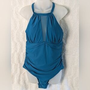 TEMPT ME Teal Halter One-Piece Swimsuit XL High Neck Ruch Tummy Cover Bathing